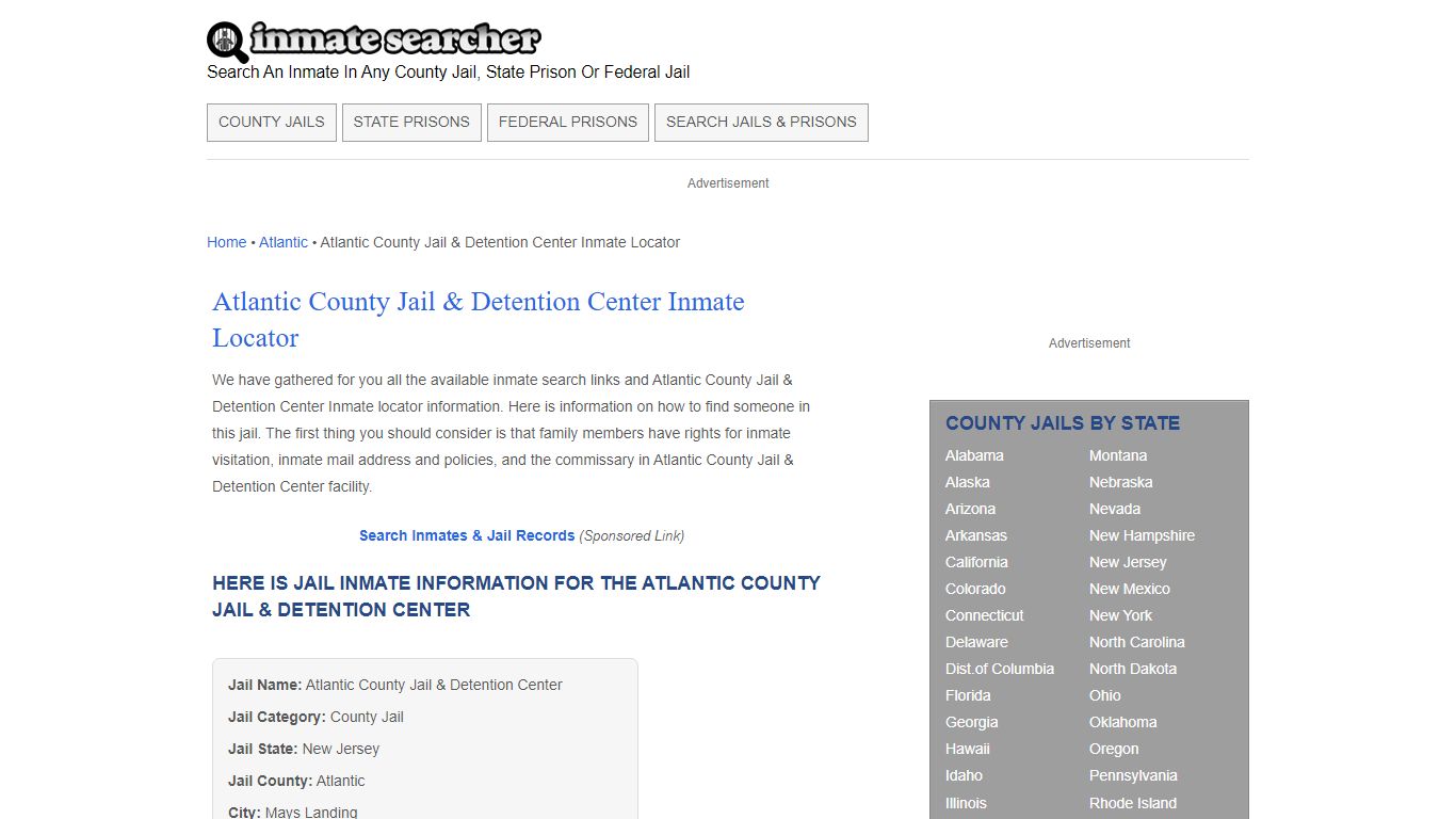 Atlantic County Jail & Detention Center Inmate Locator - Inmate Searcher